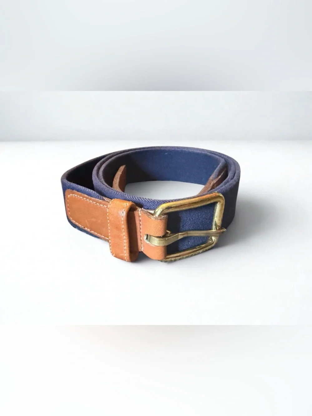 Vintage Dooney & Bourke Navy Elastic Belt with Tan Leather 42